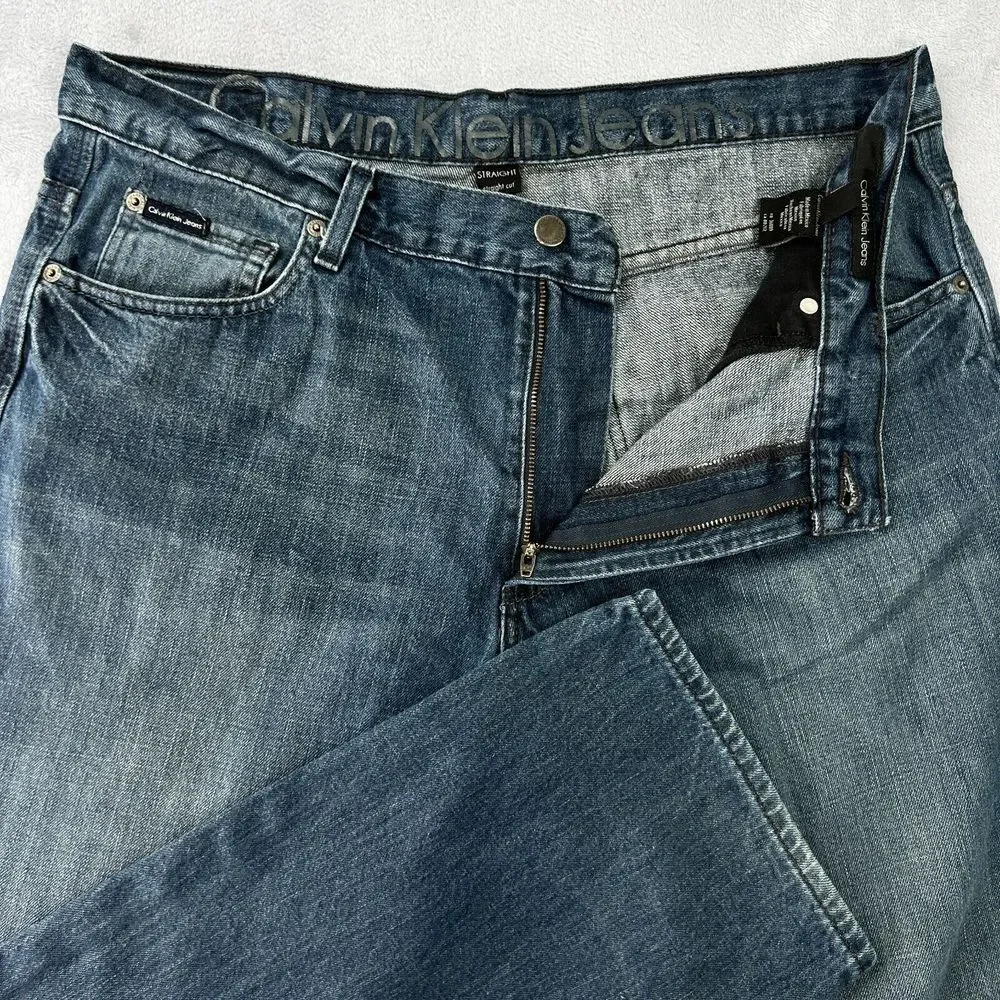 Calvin Klein 34x30 Fits 36 Straight Cut Jeans Old School Broken  Dark Wash Denim